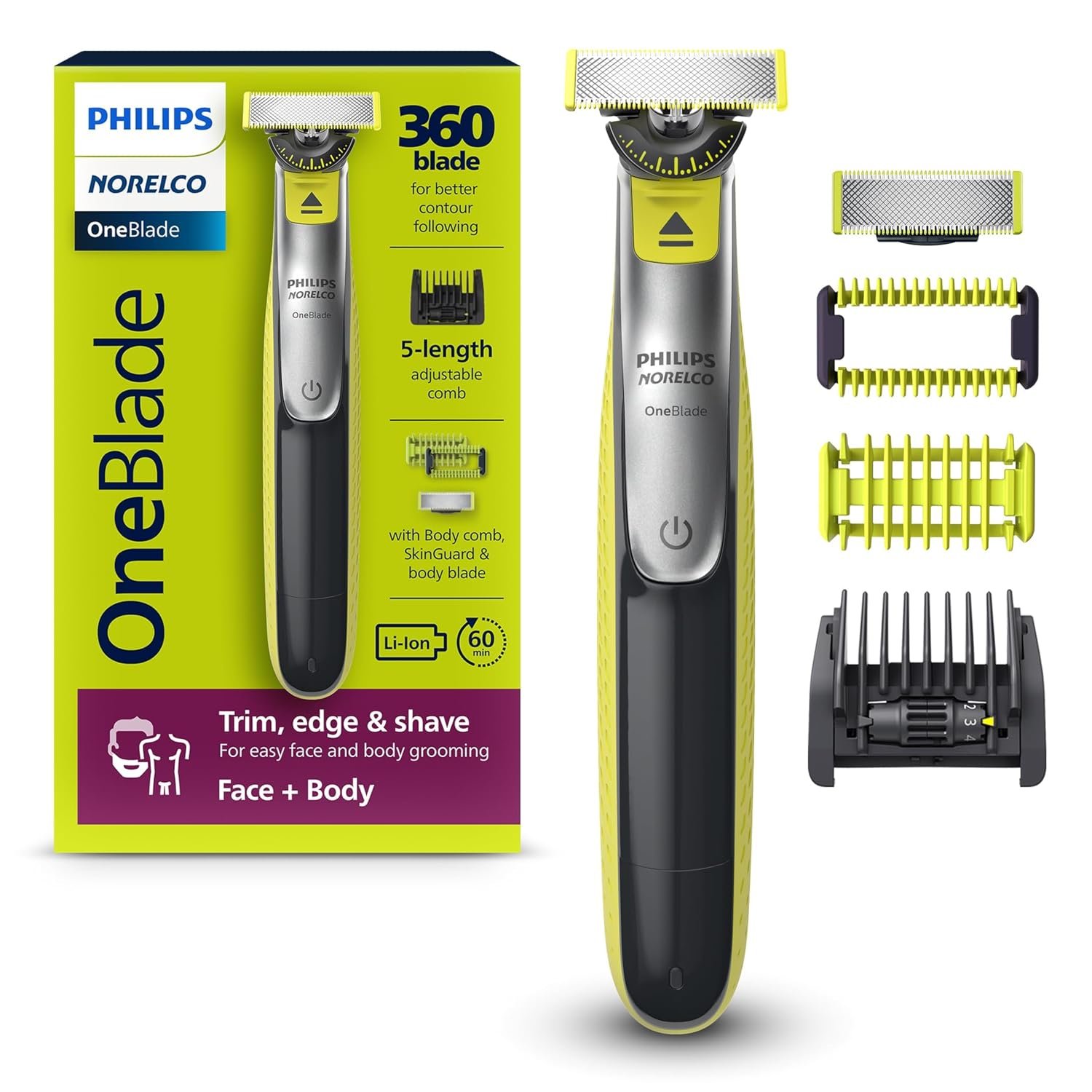 Philips Norelco OneBlade 360 Hybrid Blade for Face + Body, Electric Beard Trimmer, Shaver and Groomer, with 360 Blade Technology, 5in1 Adjustable Comb, 1x Body Kit, Model QP2834/70, Black/Lime Green