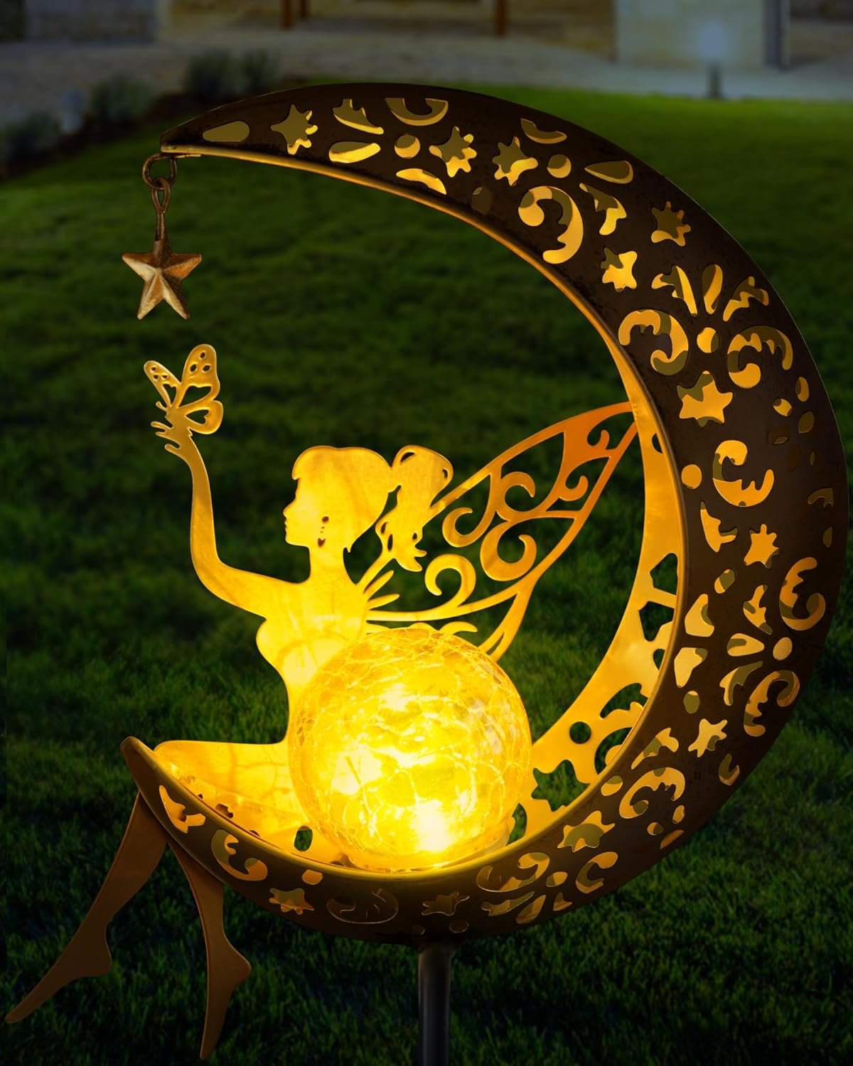 Solar Garden Statues Outdoor Decor, Fairy Moon Figurine Light Stake, Housewarming Ornament for Patio, Lawn, Yard, Pathway – Unique Gift Ideas for Gardening Mom Grandma