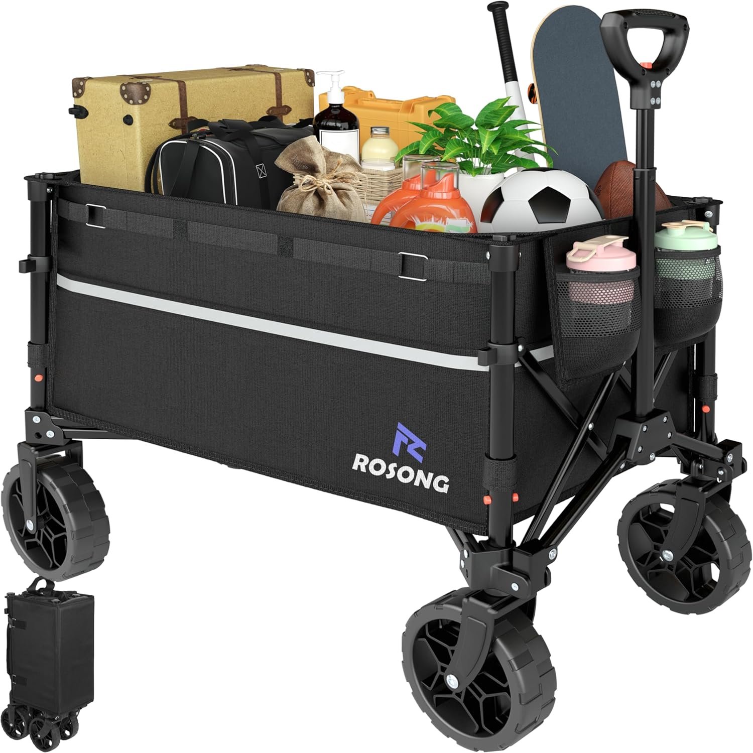 Collapsible Wagon Cart with Wheels Foldable – Folding Utility Heavy Duty Wagons Carts for Grocery Sports Garden Shopping Camping Wheelbarrows (Black, 120L)