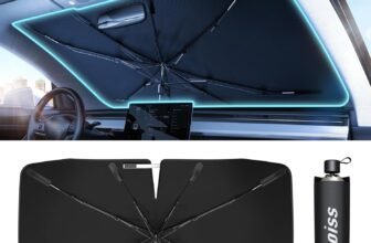 Upgrade Nmoiss Windshield Sun Shade Umbrella – [Vinyl Coating Heat Shield] Protect Car from Sun Rays & Heat Damage Keep Cool and Protect Interior, Spring Structure Edge Medium 56″ L x 31″ W