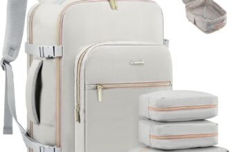 LOVEVOOK Travel Backpack for Women & Men 40L,Airline Approved Carry On Backpack Travel Essentials,TSA Carry on Luggage,Waterproof Personal Item Travel Bag,Suitcase with 3 Packing Cubes,Light gray-Pink