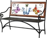 39.7″ Outdoor Bench, Garden Bench, Patio Bench with Armrest, Slatted Seat and Butterfly Pattern Backrest for Outside, Front Porch, Park, Lawn, Backyard and Balcony, Cast Iron Metal Frame, Black